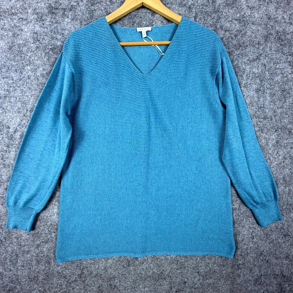Ella Moss Sweater Womens Medium Blue Ribbed Tight Knit Raglan Sleeve V Neck